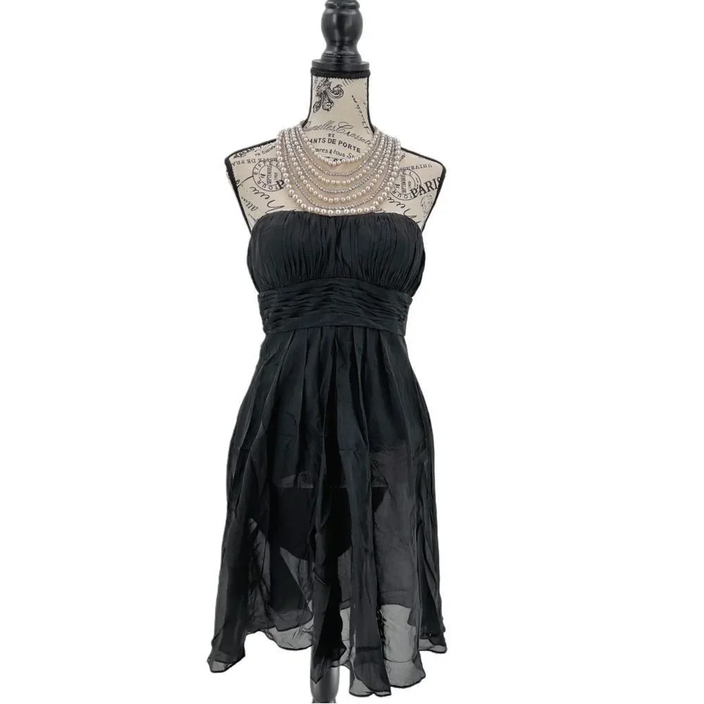Aidan Mattox Midi Pearl Gem Collar Black Silk Dress Size 8 - Picture 2 of 13